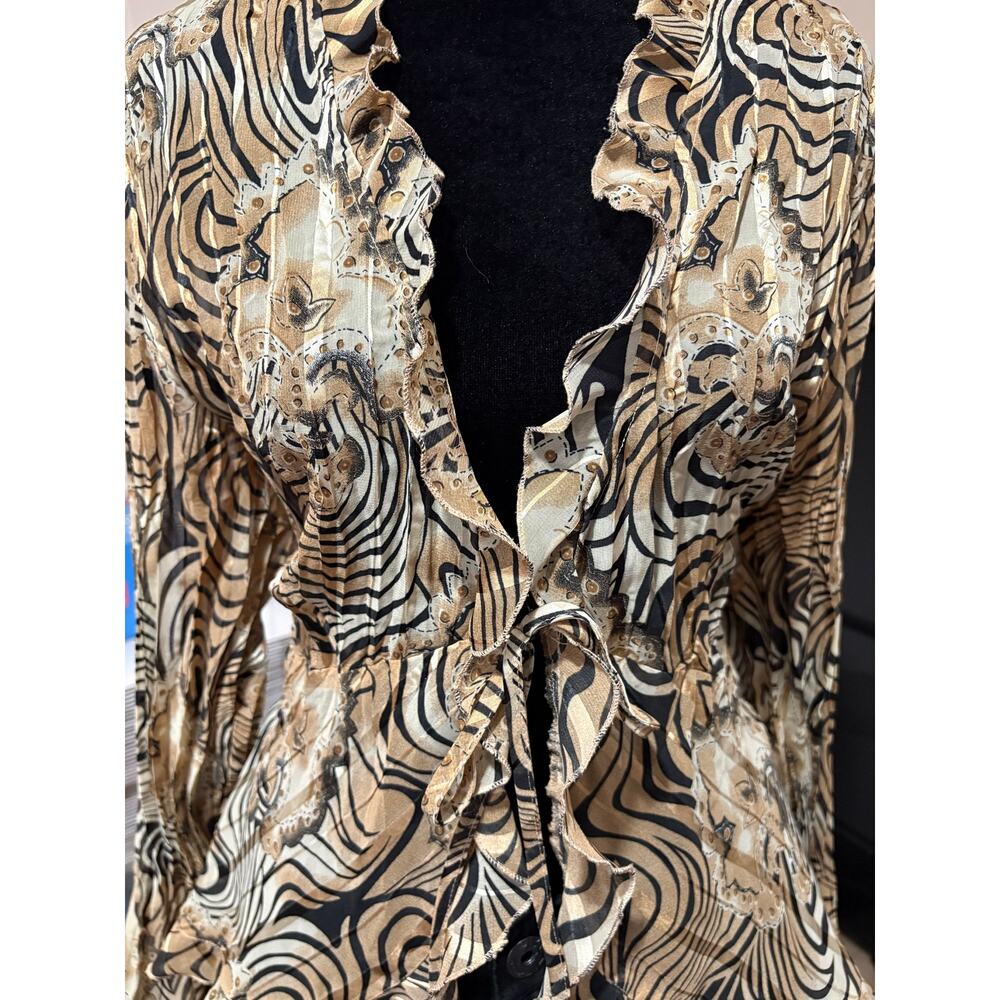 Vintage‎ Y2K tie front sheer animal print ruffle trim top women's XL artsy boho - Picture 7 of 7
